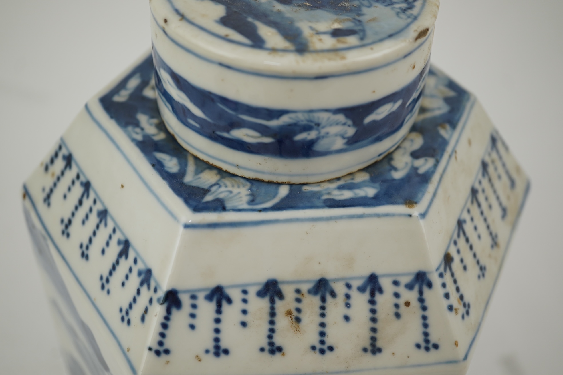 A Chinese blue and white ‘landscape’ hexagonal jar and cover, late 19th century